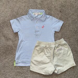 Beaufort Bonnet Company Blue Striped Polo Shirt and Khaki Shorts Set. Size 2T.